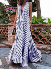 Load image into Gallery viewer, Women's Red Striped Pleated Big Swing V-Neck Bohemian Beach Maxi Dress
