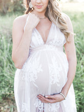 Load image into Gallery viewer, Maternity Sexy White V-Neck Embossed Long Dress