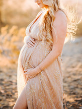 Load image into Gallery viewer, Maternity Sexy Deep V-Neck Gold Silk Split Long Dress