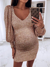 Load image into Gallery viewer, Maternity Slim Sexy V-neck Sequin Dress