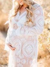 Load image into Gallery viewer, Maternity Sexy Perspective Lace Split Flare Sleeve Dress