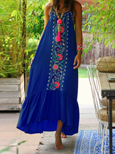 Load image into Gallery viewer, Women Bohemian Printed Straps Ruffles Hem Holiday Maxi Dress