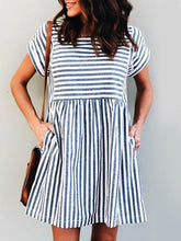 Load image into Gallery viewer, Fashion Wild Pocket Square Collar Linen Striped Dress
