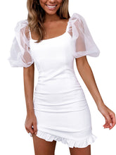 Load image into Gallery viewer, Sexy Square Neck Mesh Puff Sleeve Bodycon Mini Dresses