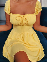 Load image into Gallery viewer, Sexy Square Neck Fungus Pleated Lace Up Mini Dress