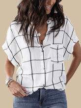 Load image into Gallery viewer, Women's Stand Collar Bat Sleeve Loose Short Sleeve Plaid Shirt