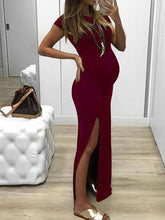 Load image into Gallery viewer, Round Neck Short Sleeve Split Maternity Dress Women