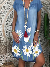Load image into Gallery viewer, Floral Print Round Neck Short Sleeve Casual Enlarged Denim Dress
