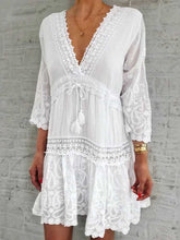 Load image into Gallery viewer, White Mid-sleeved Loose-waist Printed Lace Dress