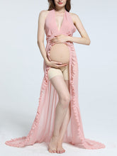 Load image into Gallery viewer, Maternity Sexy Chiffon Front Split Pleated Lace Photography Dress