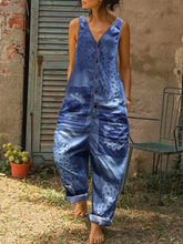Load image into Gallery viewer, Women's Denim Sleeveless Print Ripped Jumpsuit