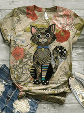 Load image into Gallery viewer, Casual Impression Cat Flower Print Fashion T-shirt
