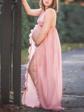 Load image into Gallery viewer, Maternity Sexy Chiffon Front Split Pleated Lace Photography Dress
