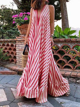 Load image into Gallery viewer, Women's Red Striped Pleated Big Swing V-Neck Bohemian Beach Maxi Dress

