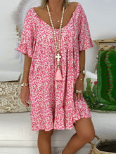 Load image into Gallery viewer, V-neck Floral Cotton and Linen Sleeve Dress
