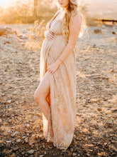 Load image into Gallery viewer, Maternity Sexy Deep V-Neck Gold Silk Split Long Dress
