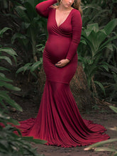 Load image into Gallery viewer, Maternity Elegant Solid Color V-neck Fishtail Photo Dress
