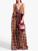 Load image into Gallery viewer, Women's Fashion Check Bow Tie Jumpsuit
