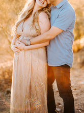 Load image into Gallery viewer, Maternity Sexy Deep V-Neck Gold Silk Split Long Dress

